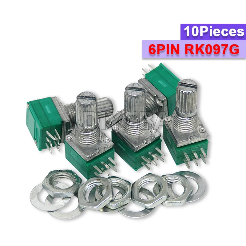 

10 шт., 6-контактный RK097G RK097 5K 10K 20K 50K 100K 500K B5K с аудиовалом переключателя, 15-миллиметровый усилитель, уплотнительный потенциометр, зеленый