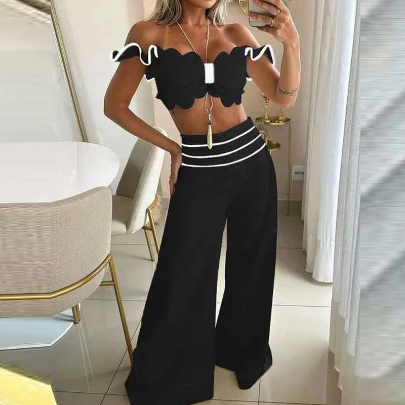 Scallop Trim Off Shoulder Top & Striped Wide Leg Pants Set Women Suits Elegant Top Solid Color Elegant Wide Leg Pants Set