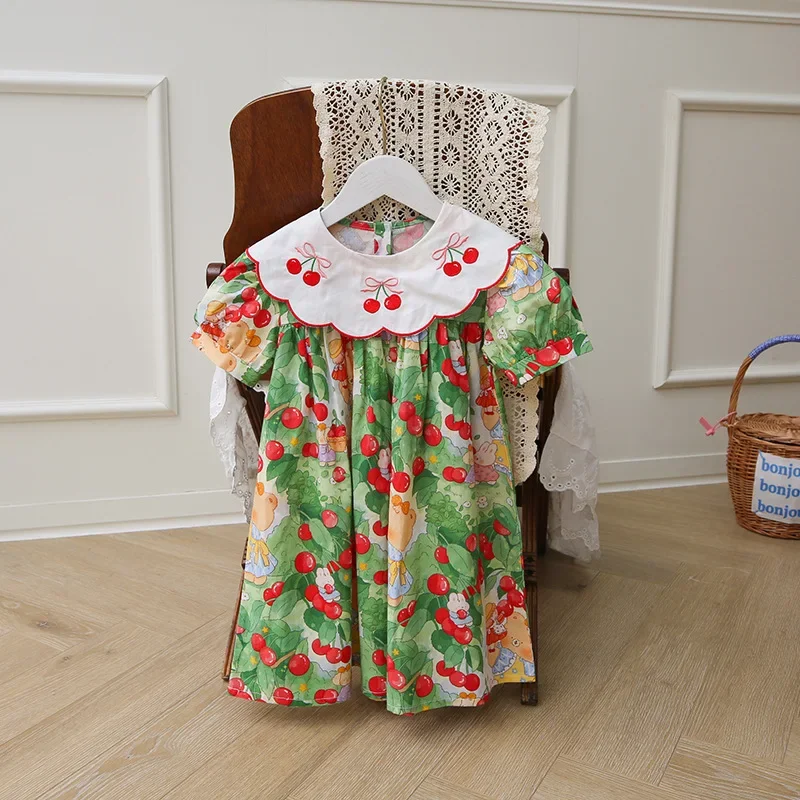 Girls Casual Dresses Cherry Embroidered Doll Collar Dress for Girls Clothes for 2 To 7 Years Kids Dresses for Girls