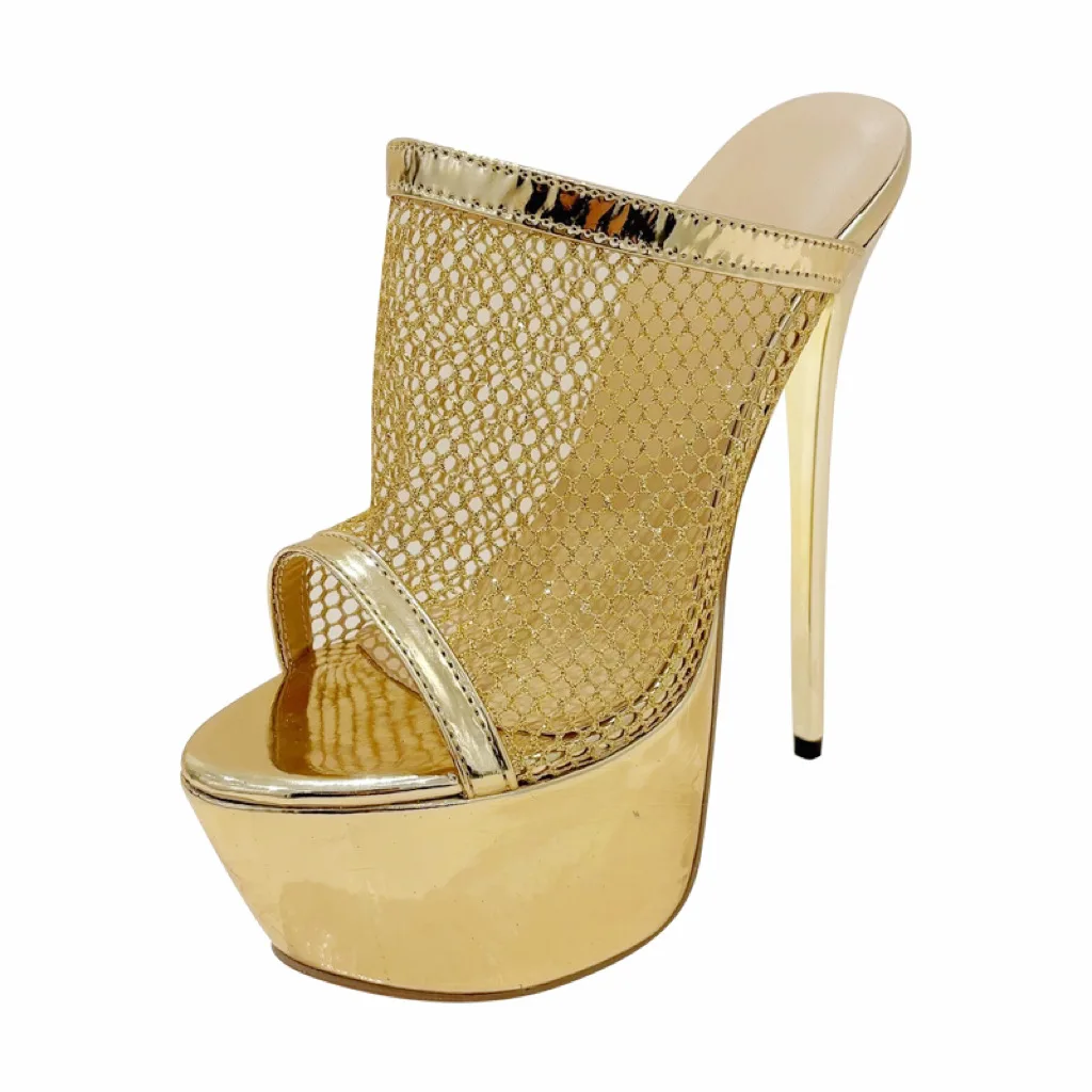 Gold/Silver Fashion Women Sexy Peep Toe Platform 16CM Thin High Heels Slippers Design Mesh Fabric Banquet Shoes Sandalen