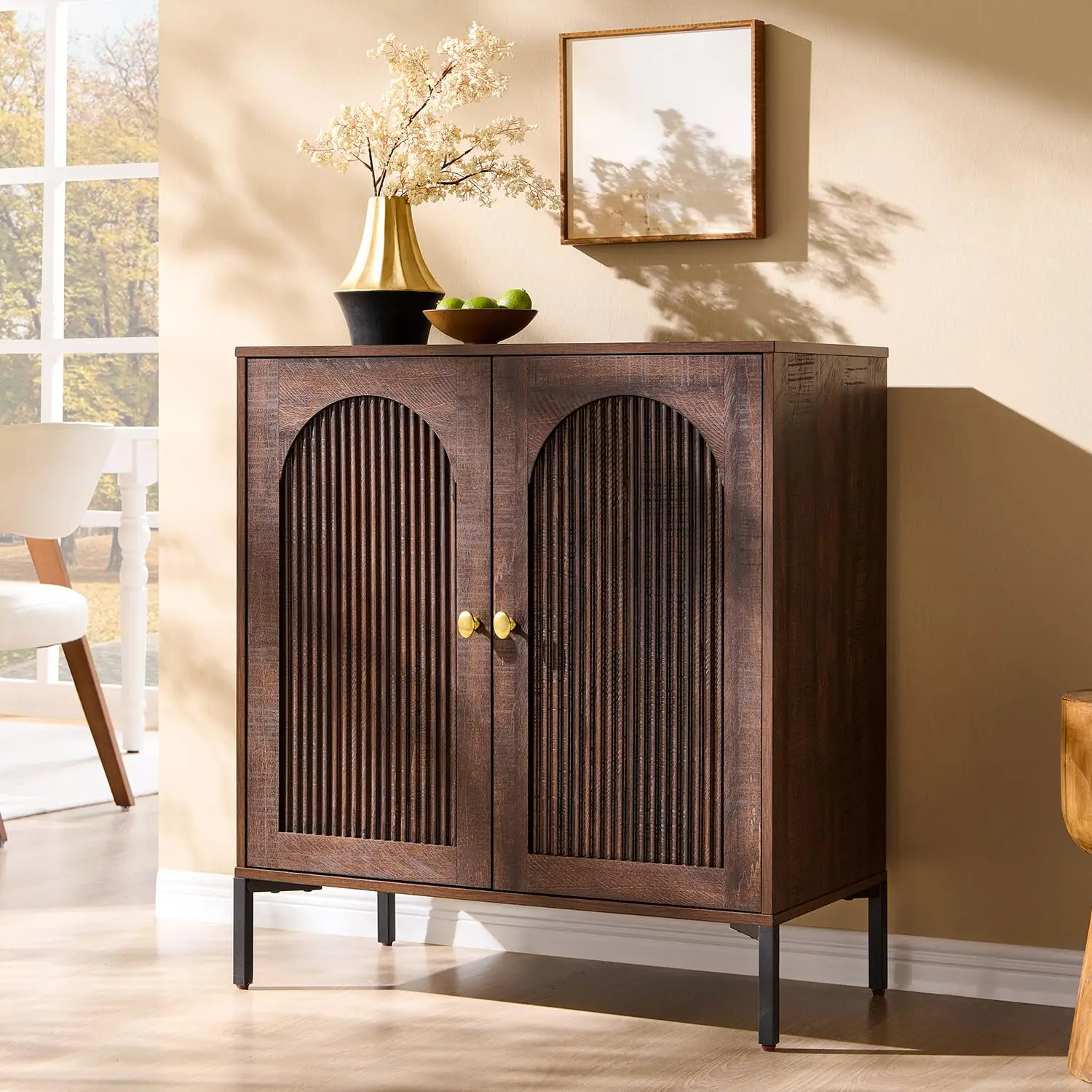 

Modern 34'' Tall Wooden Sideboard Cabinet with Fluted Arched Design Adjustable Shelves Modular Buffet for Customizable Storage