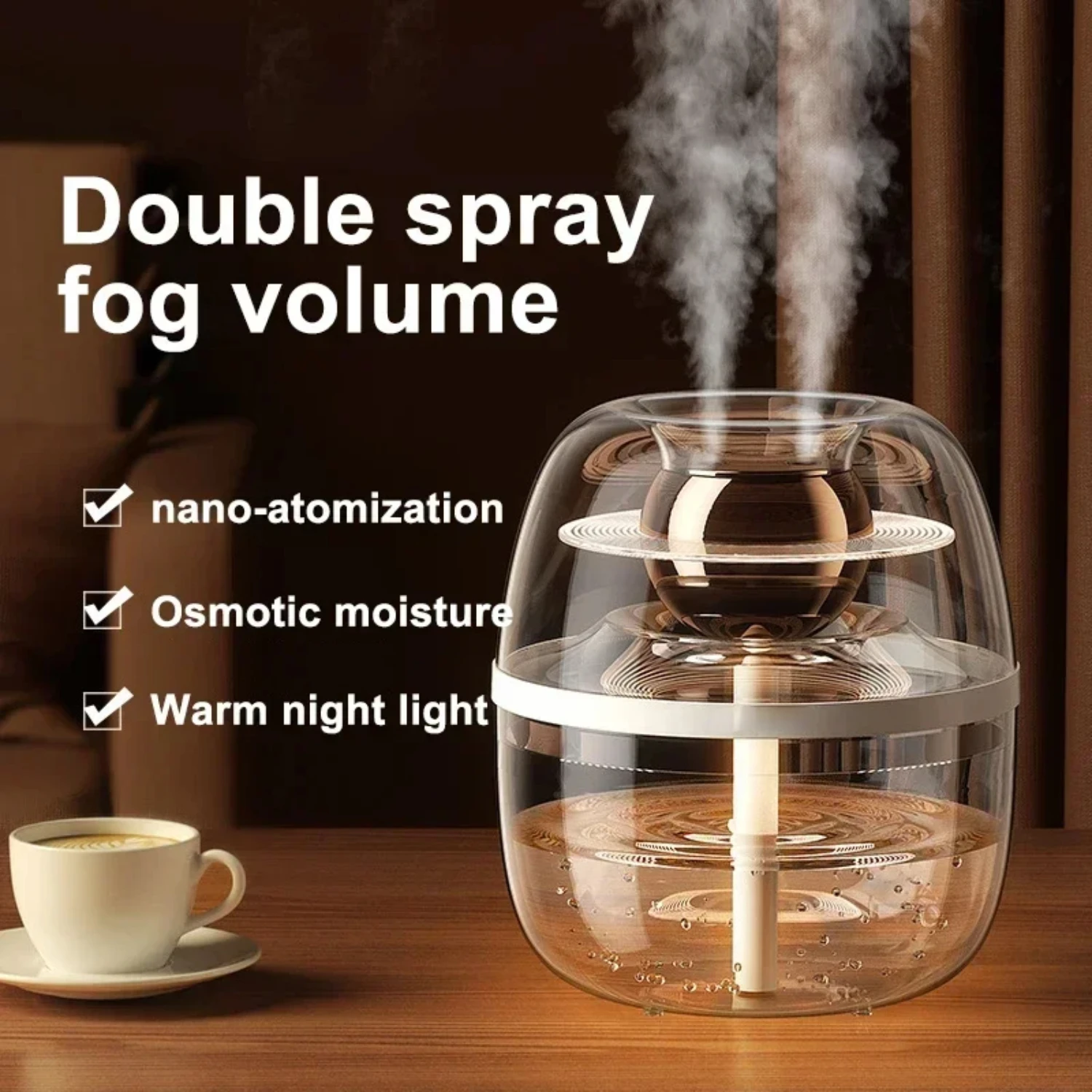 Quiet Large Capacity 2L Transparent Double Spray Air Humidifier with LED Night Light for Bedroom Office - USB Powered Fog Enhanc