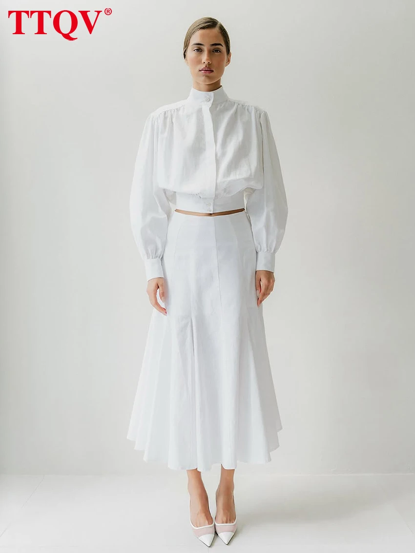 

TTQV Fashion Loose White Cotton Women's Two Pieces Set 2026 Elegant Long Sleeve Crop Shirt With High Waist Long Skirt Set Female