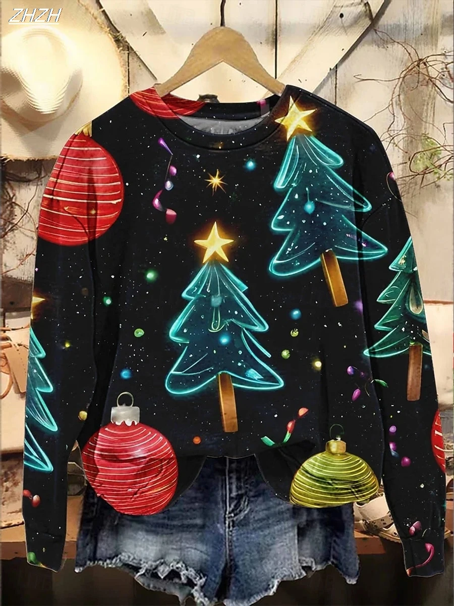 بلوزات عيد الميلاد النسائية جرافيك كلاسيكي كاجوال بأكمام طويلة ورقبة دائرية، ملابس علوية عادية للشارع، ملابس يومية كاجوال مطبوعة لخريف وشتاء