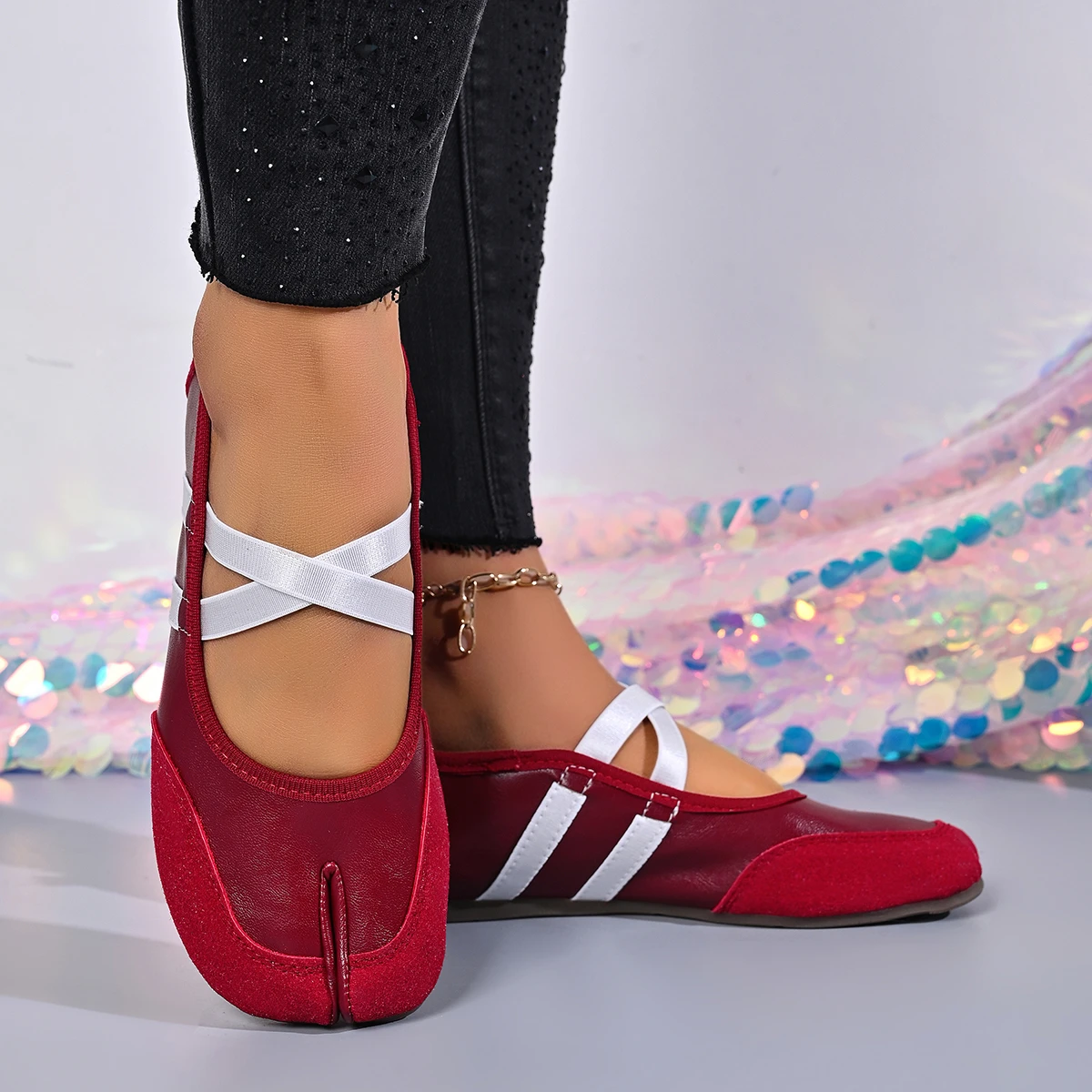 Schwarze, silberne, rote Ballettschuhe, Damen-Split-Toe-Ballerina-Tabi-Sneaker, Mary-Jane-Schuhe, Sommerschuhe – Detail 6
