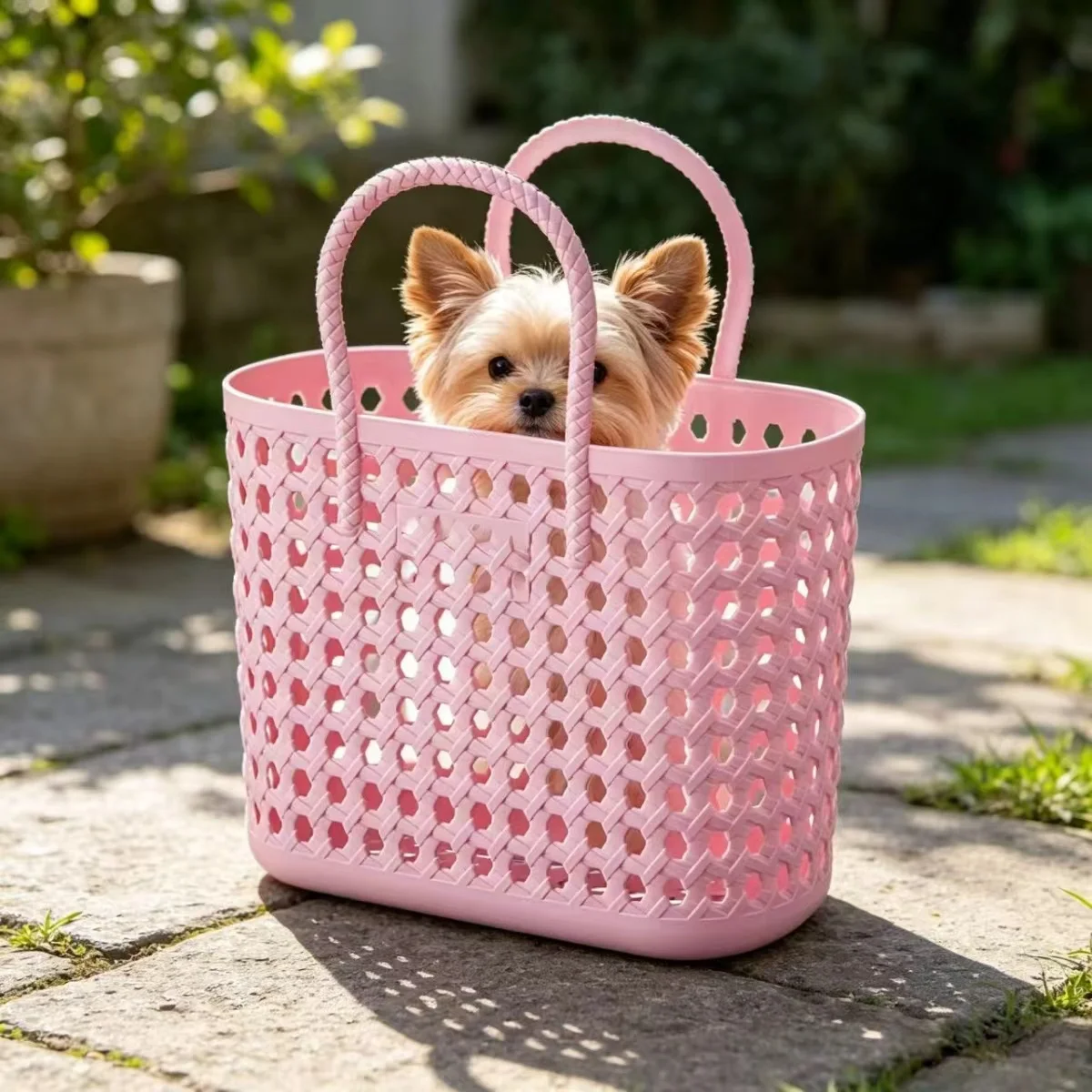 Tragbarer Plastik-Handkorb für Haustiere, Atmungsaktive Hohlgeflochtene Aufbewahrungstasche für Kleine Hunde und Katzen, Outdoor-Reise-Transportbox
