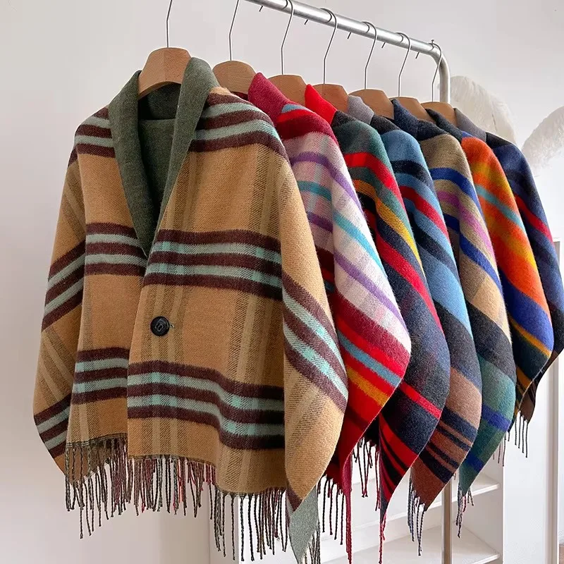 New Vintage Check Scarf for Women; Autumn and Winter Fringe Wool Cape; Double-sided Shawl; Multi-functional Warm Neck War