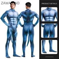 Zawaland Blue Furry Costumes Men Halloween Clothes with Tail Crotch Zipper Zentai Suit Funny Couple Party Outfit Carnival Wear