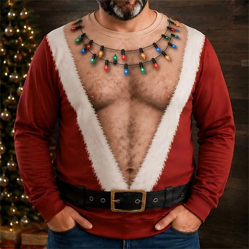 Lustiger Muskel-Weihnachtsmann-Sweatshirt für Herren, 3D-Druck, Herbst-Winter-Ugly-Sweater, Festtagskostüm, Pullover-Oberteile für Herren – Detail 4