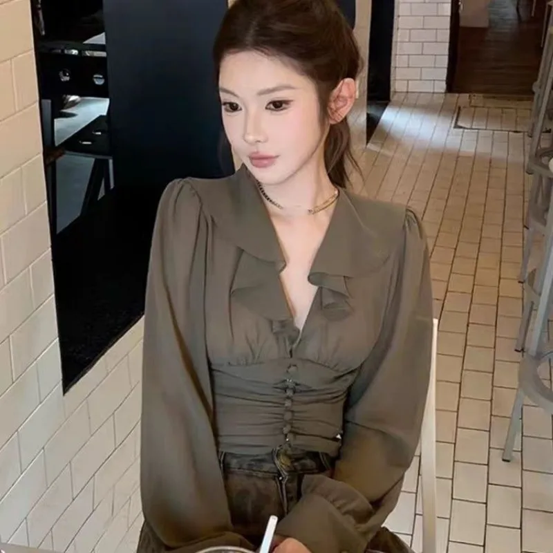 Camisa feminina estilo francês com decote em V e babados, camisa leve de luxo com cintura e manga comprida