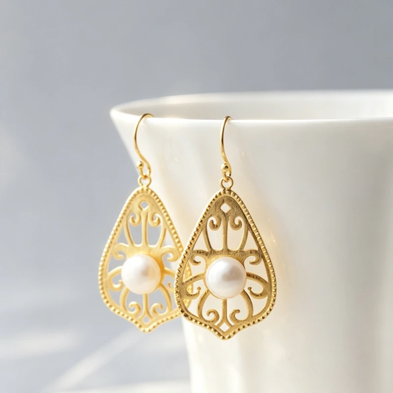 925 Sterling Silver Retro Filigree Scroll Teardrop Earrings Natural Freshwater Pearl 24K Gold Plated Earring Daily Wear Jewelry