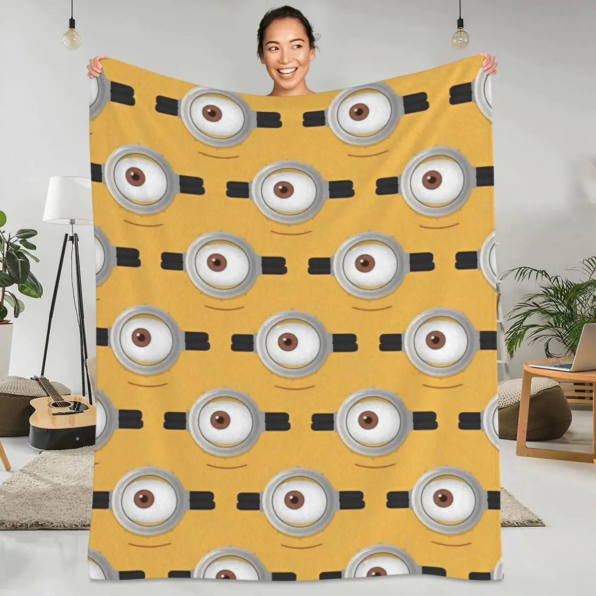 Cute Minions Cartoon Flannel Blanket Yellow Big Eyes Warm Soft Throw Blanket for Bedroom Travel Novelty Bedspread Sofa Bed Cover