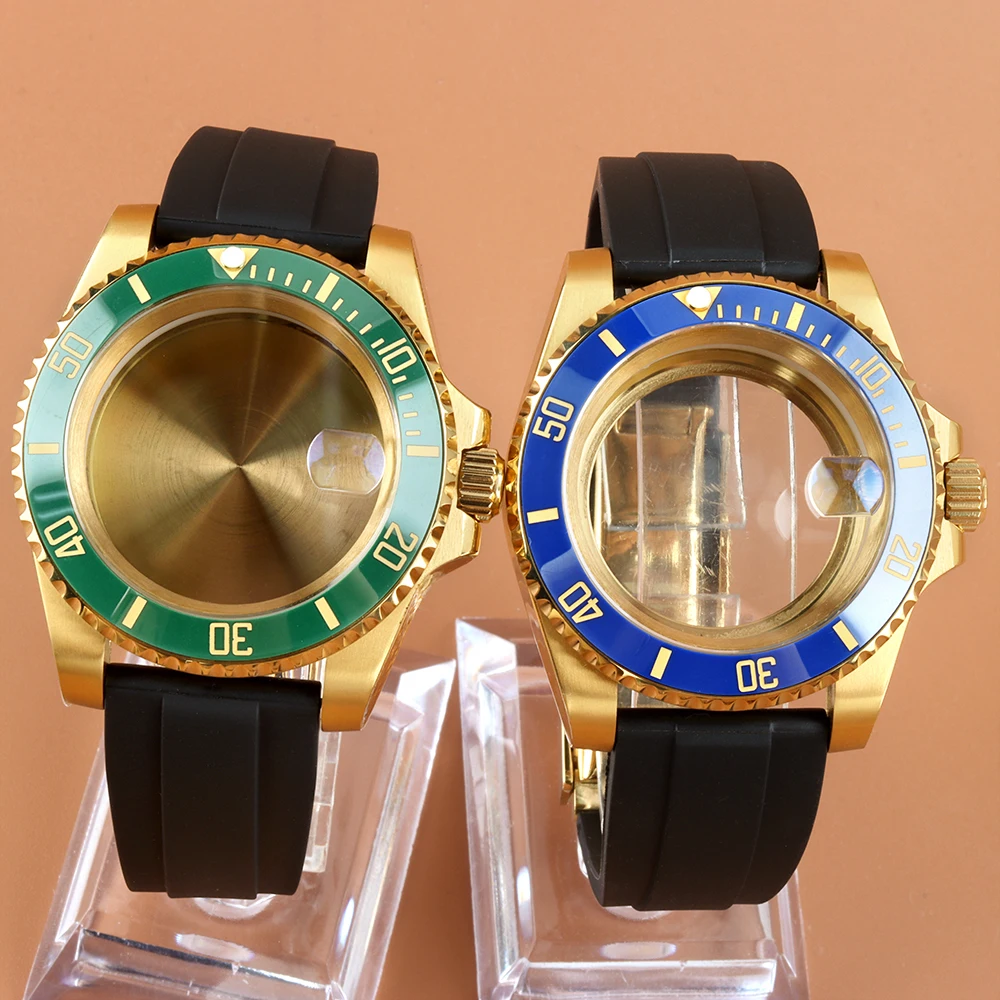 الذهب 40 مللي متر nh35 الياقوت الزجاج حالة المطاط حزام ل SUB GMT يخت ماستر NH34 NH35 NH36 NH38 حركة 28.5 مللي متر ساعة مزدوجة أجزاء