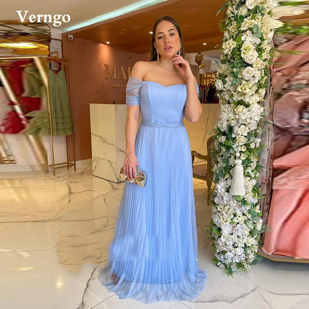 

Verngo Shiny Blue Draped Tulle Long Prom Dresses Off the Shoulder Half Sleeves Bow Back Arabic Women Formal Party Evening Gown