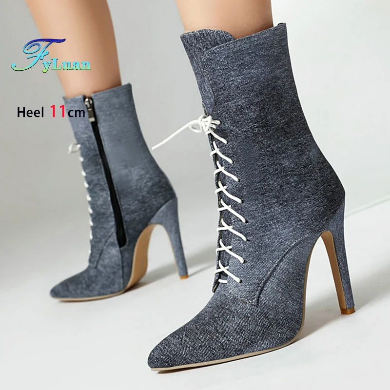 

Женские короткие ботинки с острым носком, зимняя обувь на шпильке с боковой молнией, женские джинсовые ботинки на тонком каблуке 11 см, большие размеры 34-48