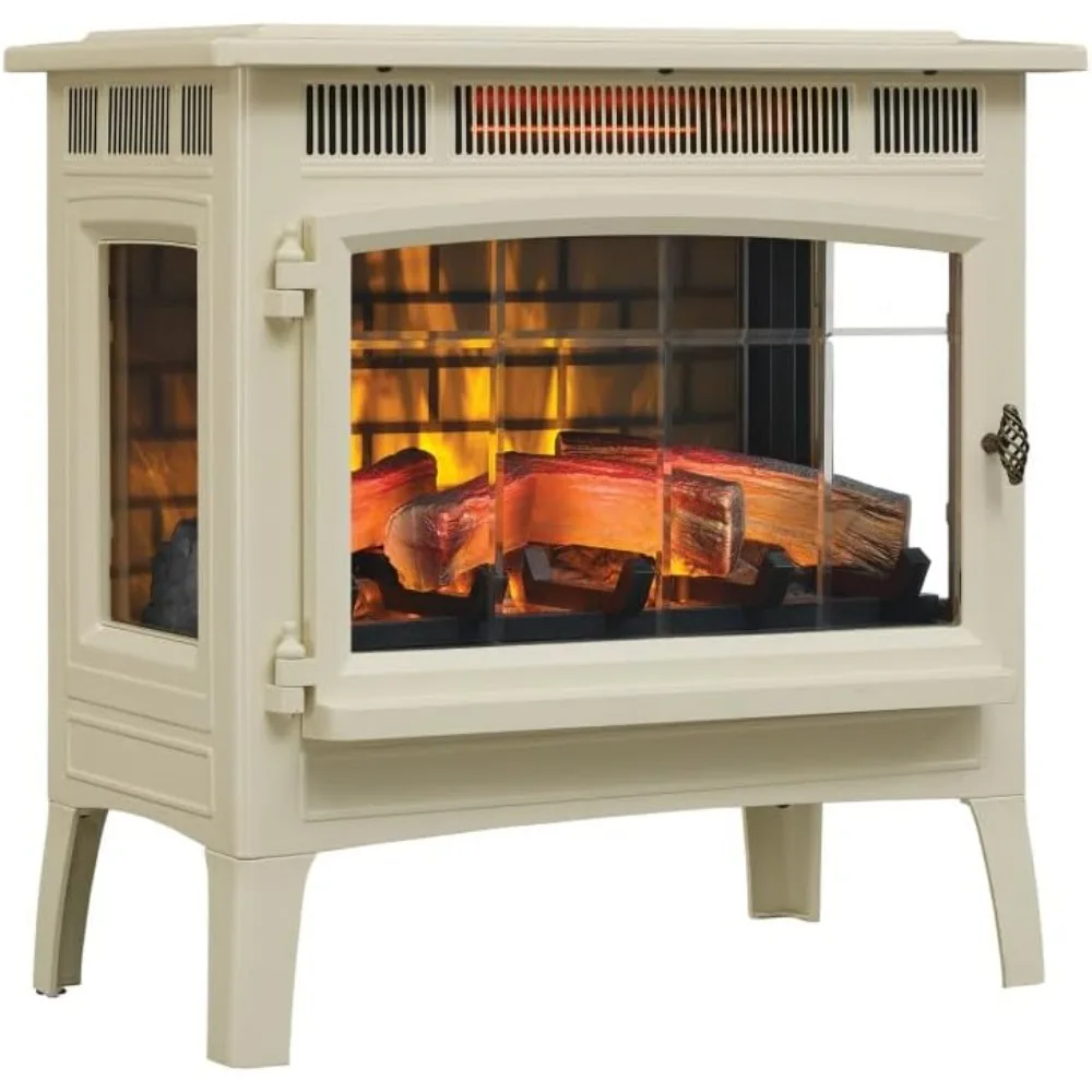 Freestanding Electric Fireplace Stove Heater with 3D Flame Effect for 1,000 Sq. Ft. Room, Cream