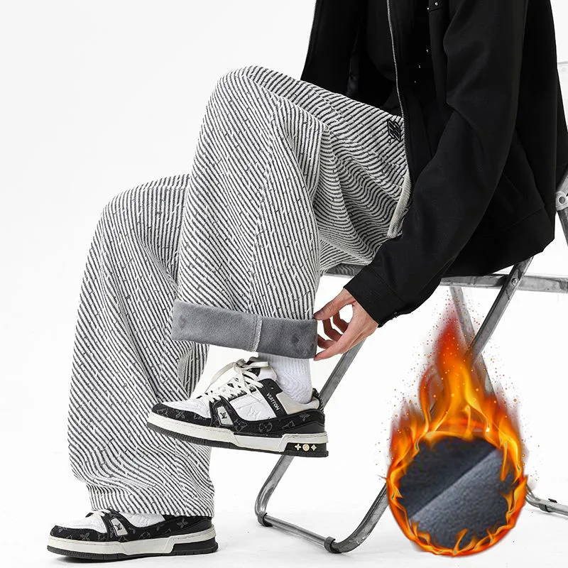 

Men's Winter Fleece Corduroy Pants Warm Thick Knitted Plush Sweatpants Drawstring Casual Straight Youth Fashion Long Trousers