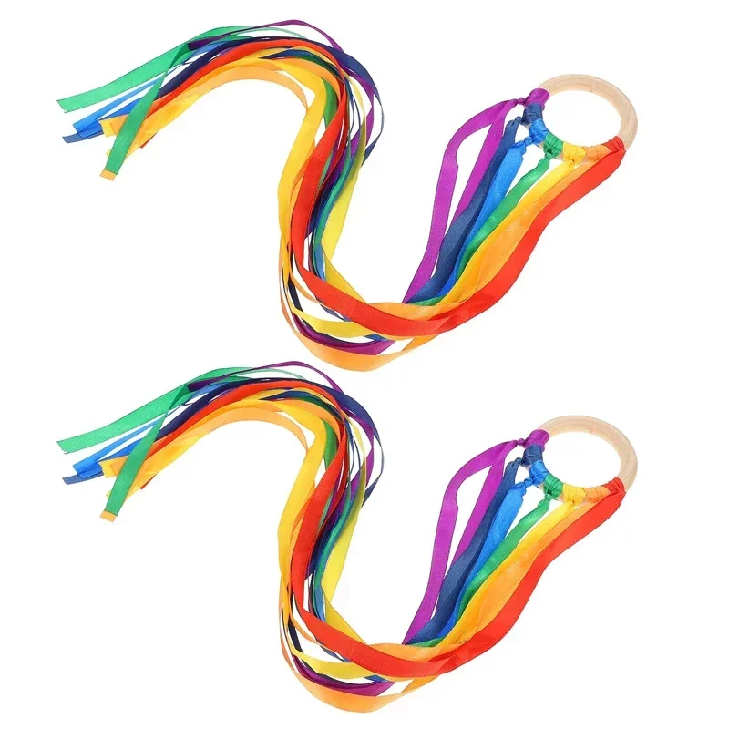 Rainbow Hand Wood Ring Montessori Ribbon Streamer Gymnastics Dance Props Favors Upwards Develop Colour Recognition Sensory Toy