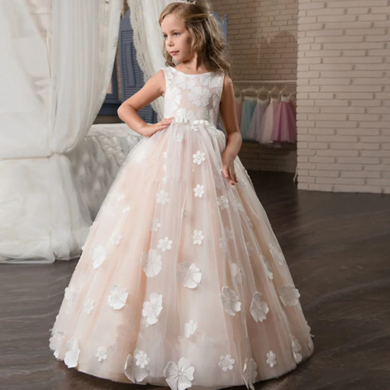 White Flower Girl Dresses Tulle Appliques For Wedding Lace Appliques Beaded Pageant Gown Holy Communion Dresses