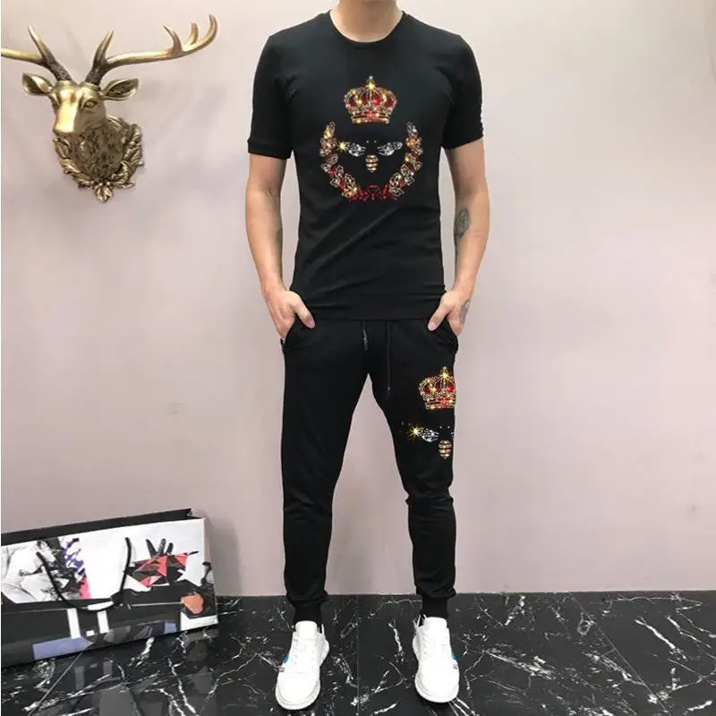 Men's spring and summer new bee hot diamond short-sleeved T-shirt pants set Internet celebrity trendy brand two-piece set men