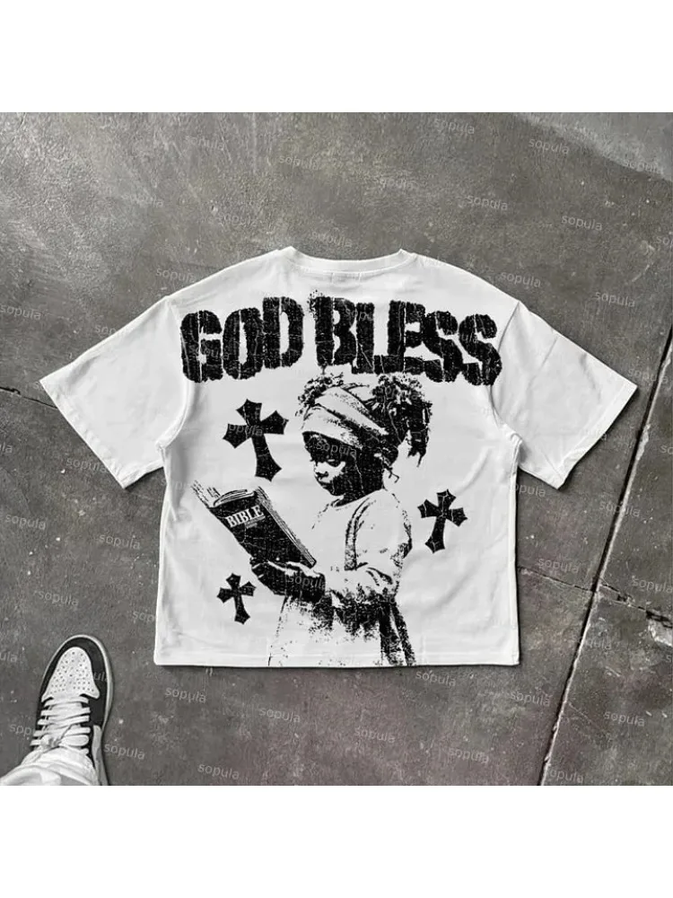 Dieu bénisse prière pour enfants imprimé graphique coton T-shirt hommes femmes haute qualité hauts Style Vintage T-shirt extérieur Streetwear