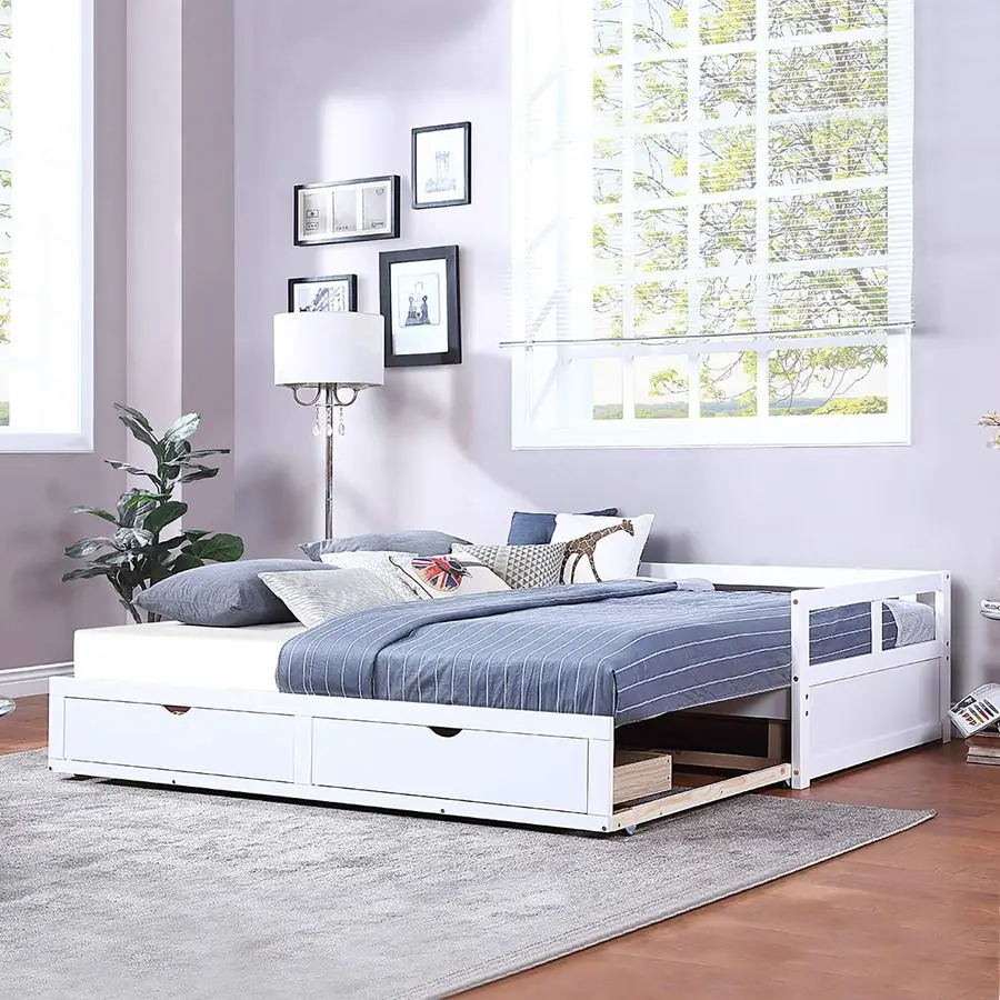 Extendable Daybed with Trundle Bed and Two Storage Drawers, Wooden Storage Daybed, Twin to King Design Extending Bed for Kids Te