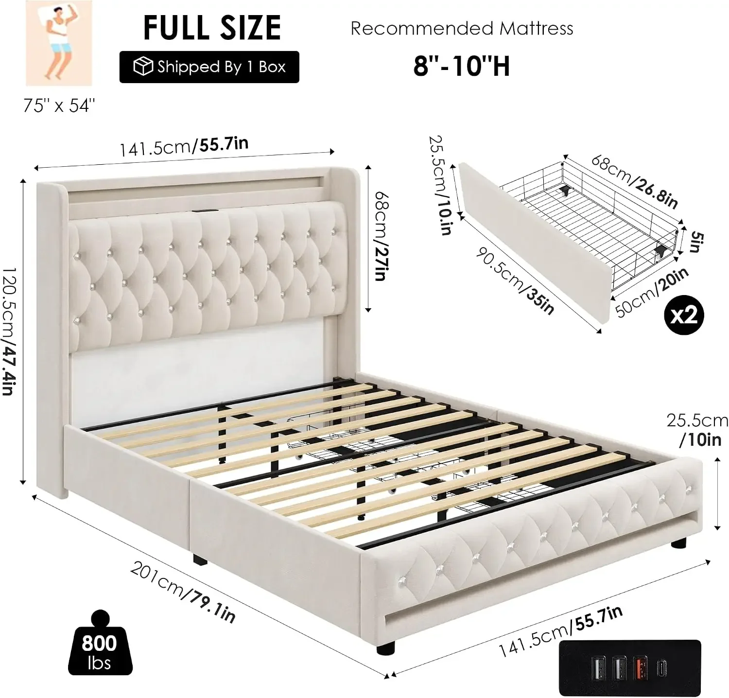 Upholstered Full LED Bed Frame with Storage, Charging Headboard,Beige | Modern Style Full Size Platform Bed, Velvet Crystal Butt