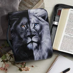 Black and White Lion Print Women's Bible Cover Case PU Leather Handbags Female Zipper Handle Study Book Holy Storage Boxes 2023