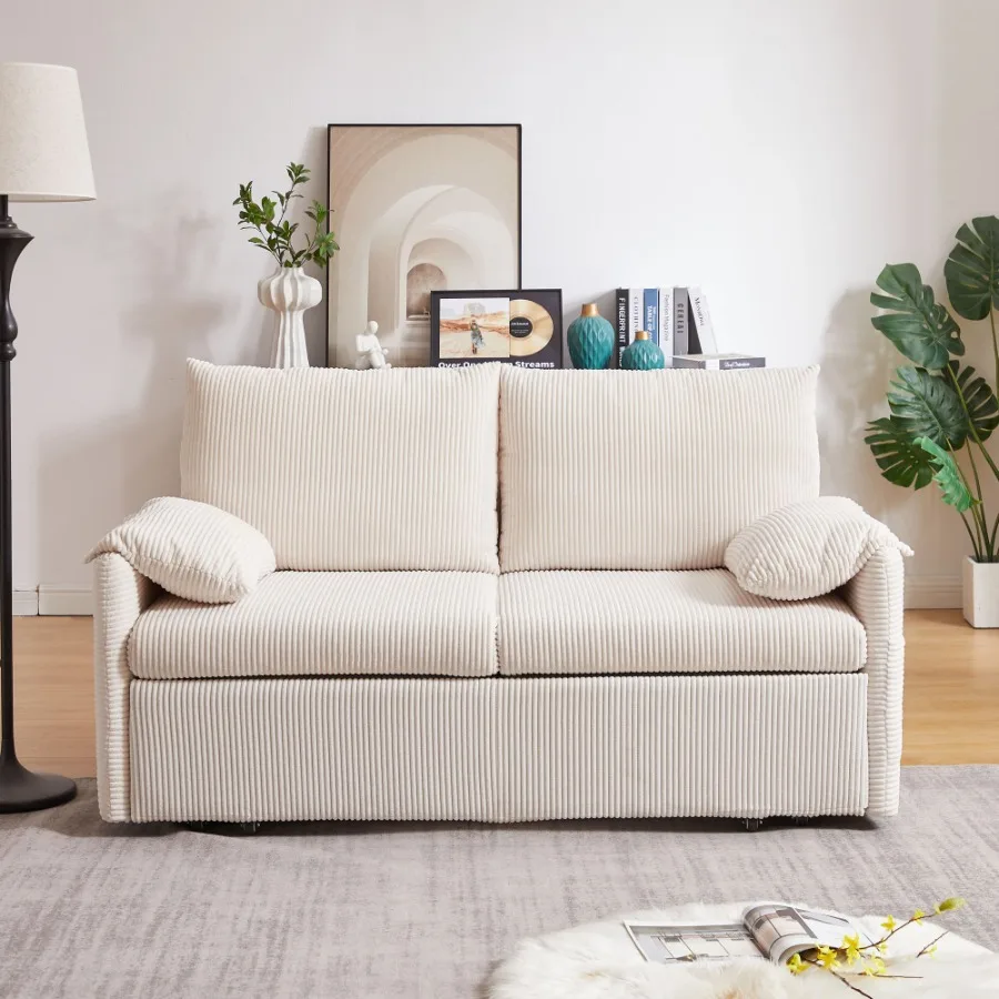 MH'' 64.5インチ スリーパーソファベッド 3-in-1 調節可能なスリーパー、引き出し式ベッド、枕2個、サイドポケット付き、ソフトコーデュロイ製コンバーチブル