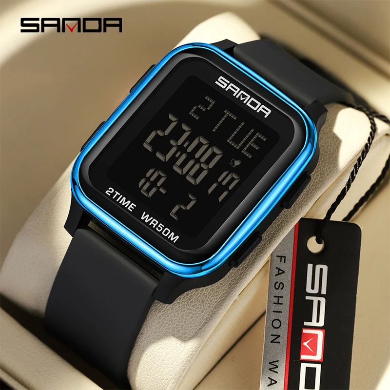 SANDA New Square Design LED Electronic Sports Watch Fashion Trend Multi Functional Waterproof Chronograph Clock Men's Watch Hot