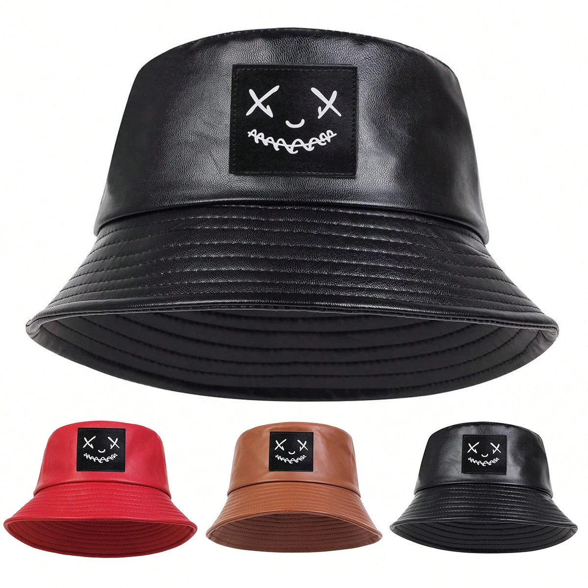 Unisex XX Smiling Face Label PU Leather Personality Bucket Hat Spring And Autumn Fisherman Caps Outdoor Casual Cap Sunscreen Hat
