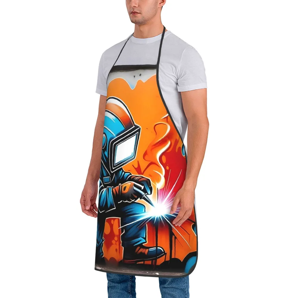 Welder Cartoon Kitchen Apron - Cool Welding Worker Graphic Linen Bib for Men Women BBQ Cooking Baking Father's Day Gift Decor