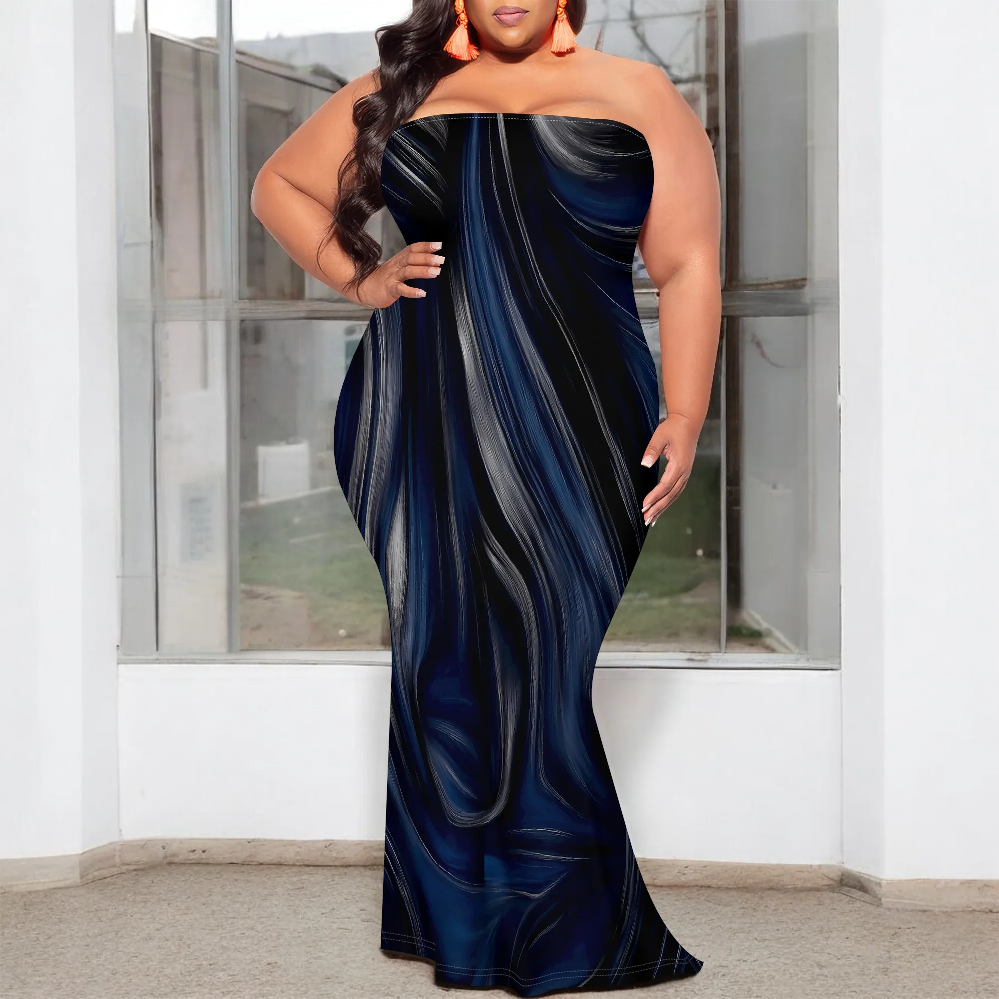 

Midnight Swirl Print Plus Size Dress XL-6XL Strapless Bodycon Maxi Style for Cocktail Party, Art Gala or Afro Elegant Look