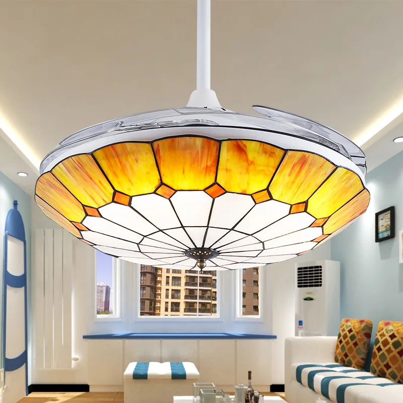 

Tiffany invisible fan lamp Remote Mediterranean ceiling fan light LED dimming fashion living room restaurant bedroom