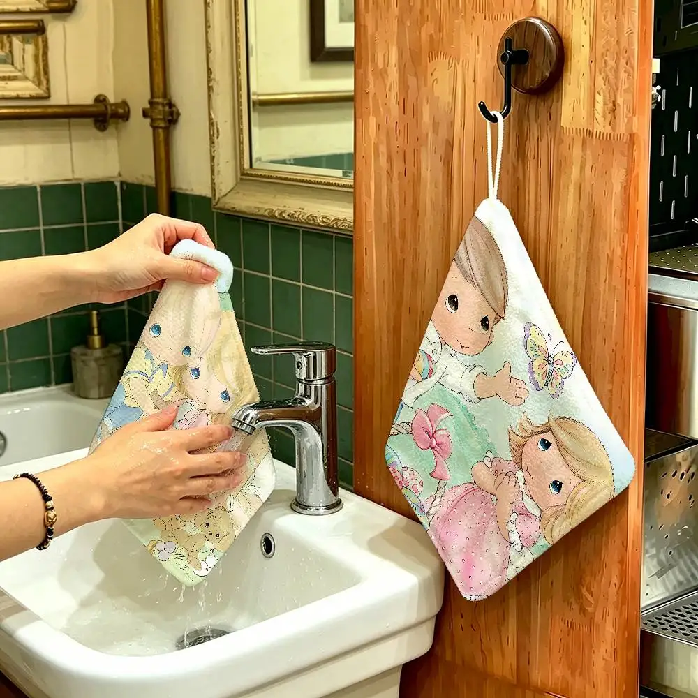 Precious Moments Cute Polyester Cotton Hand Wiping Towel, Hanging Design, Durable for Household Restaurant Toilet Use
