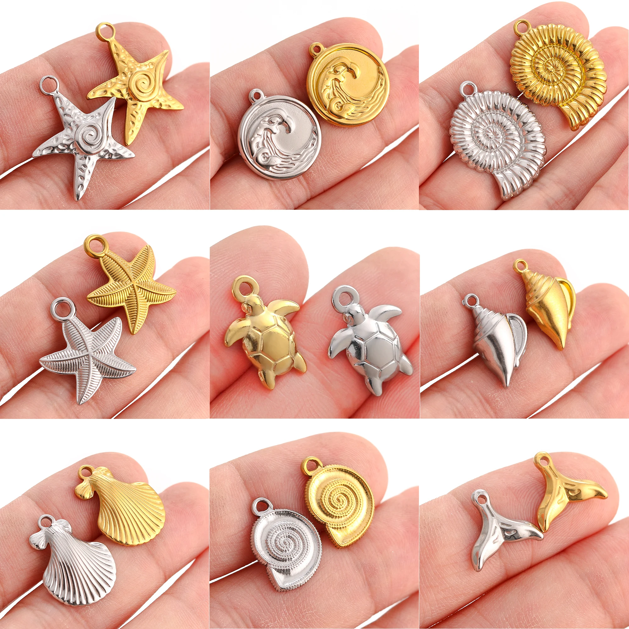 3Pcs/Lot Stainless Steel Ocean Turtles/Seashell/Starfish/Conch Charms Summer Marine Life Sea Pendant DIY Jewelry Making Supplies