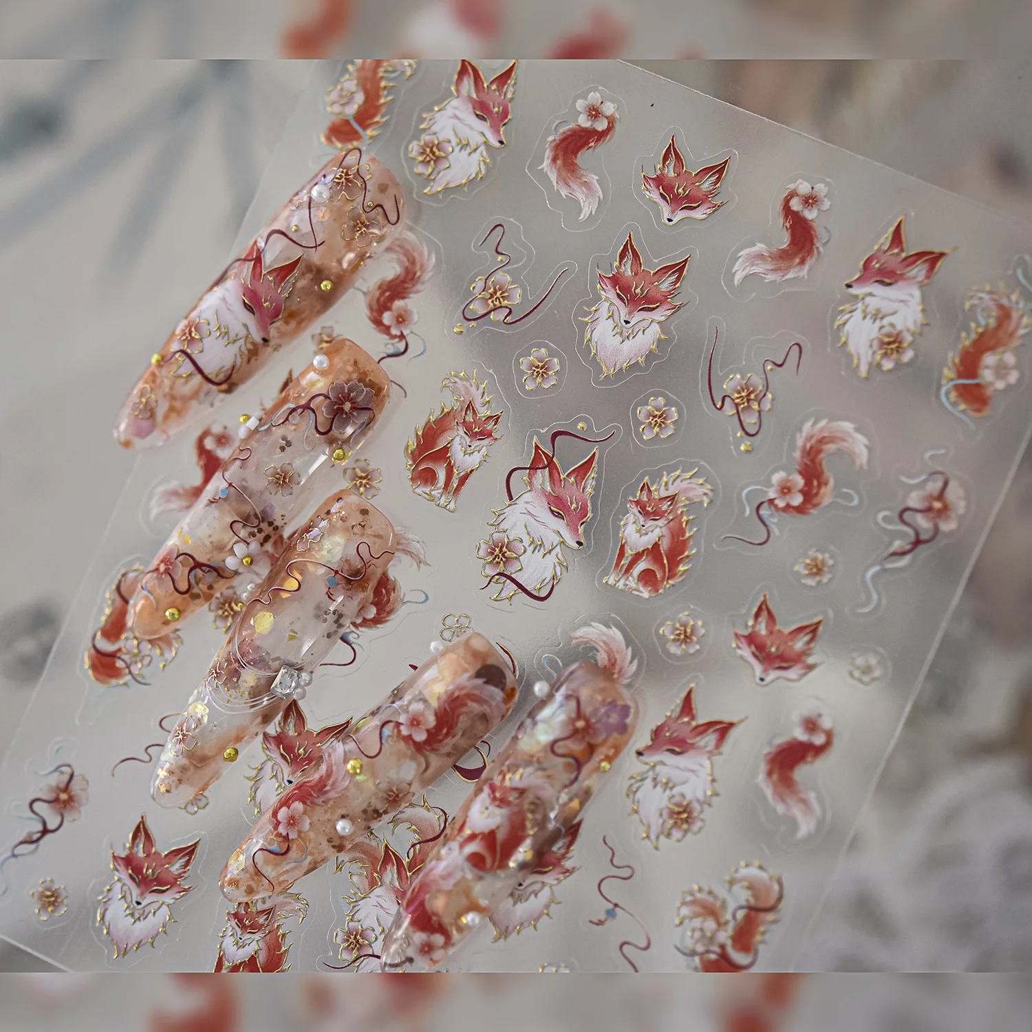 Luxury 5D Nail Stickers Nine‑Tailed Fox Hot Gold Print Chinese Red White Gradient Hair Peach Blossom Cloud Nail Art Decorations