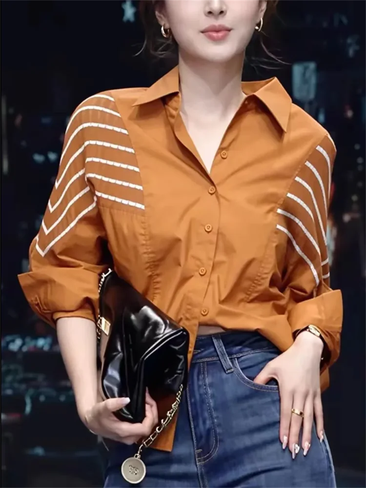 Camicia patchwork a righe Camicetta da donna Top con blocco colore Cardigan camicetta allentata di fascia alta con bottoni Camicie da donna primavera autunno