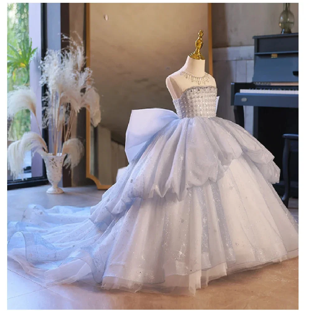 Vestido de menina flor azul para casamento com laço frisado babados até o chão menina crianças vestidos de baile de aniversário primeira comunhão vestido