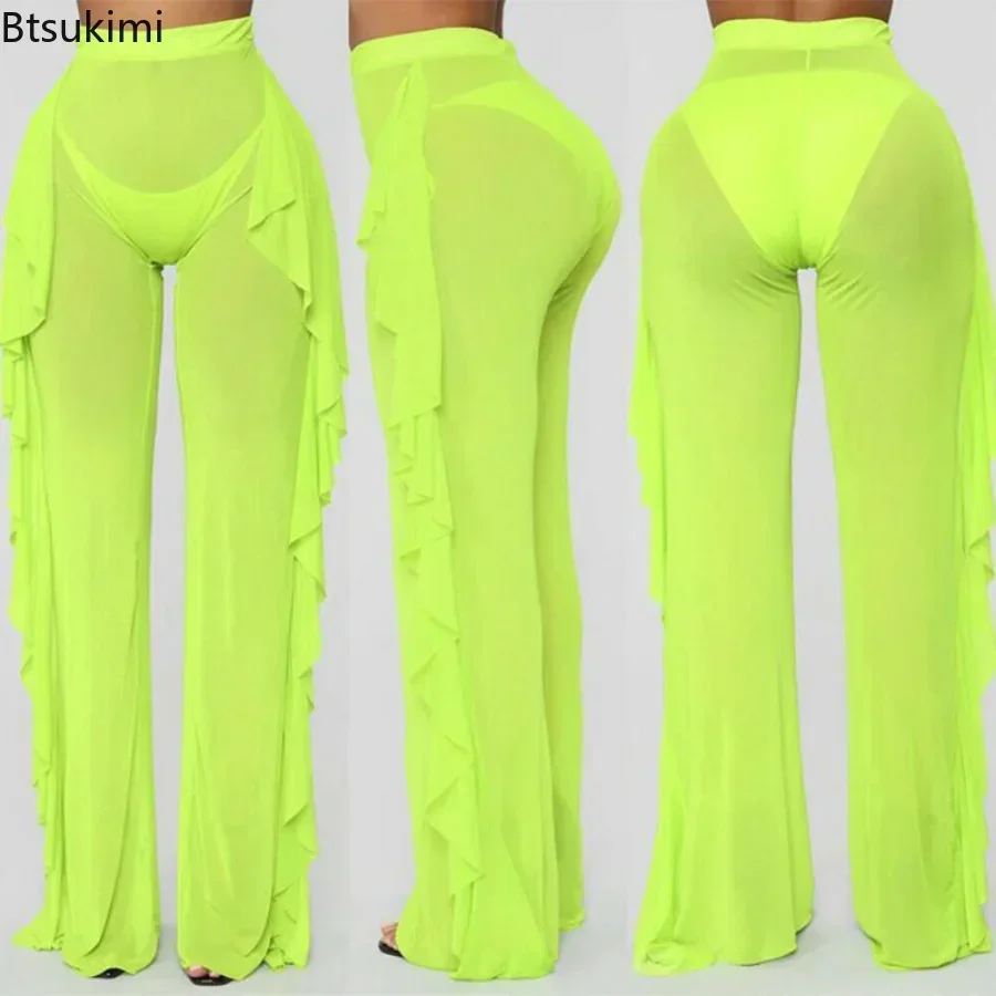 2026 Women's Summer Pants Ruffles See Through Beach Cover Ups Female Holiday Beach Bathing Clothing High Waist Skinny Trousers