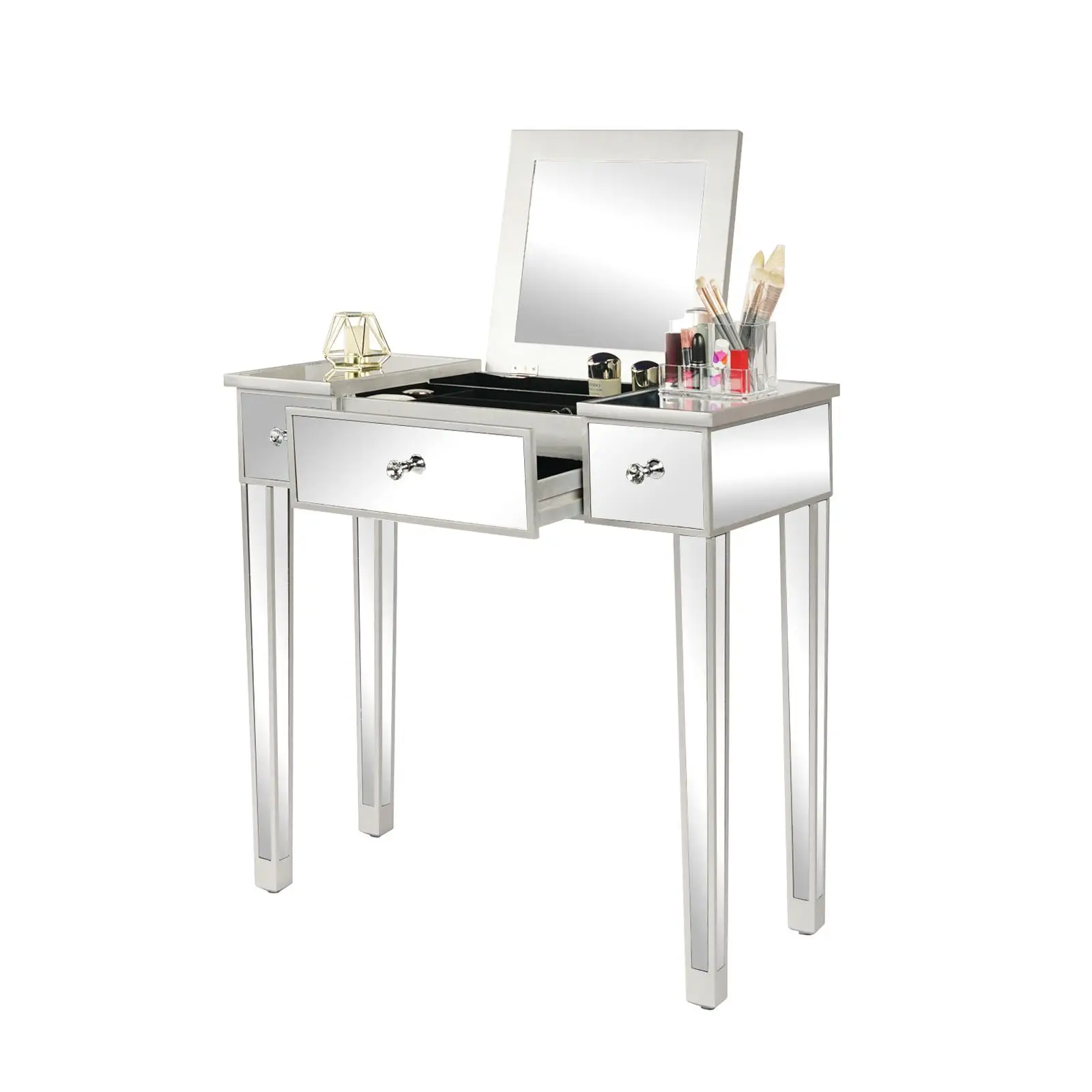 80x38x76cm-Top Computer Desk with Mirror Surface, Silver - Stylish & Functional Workspace