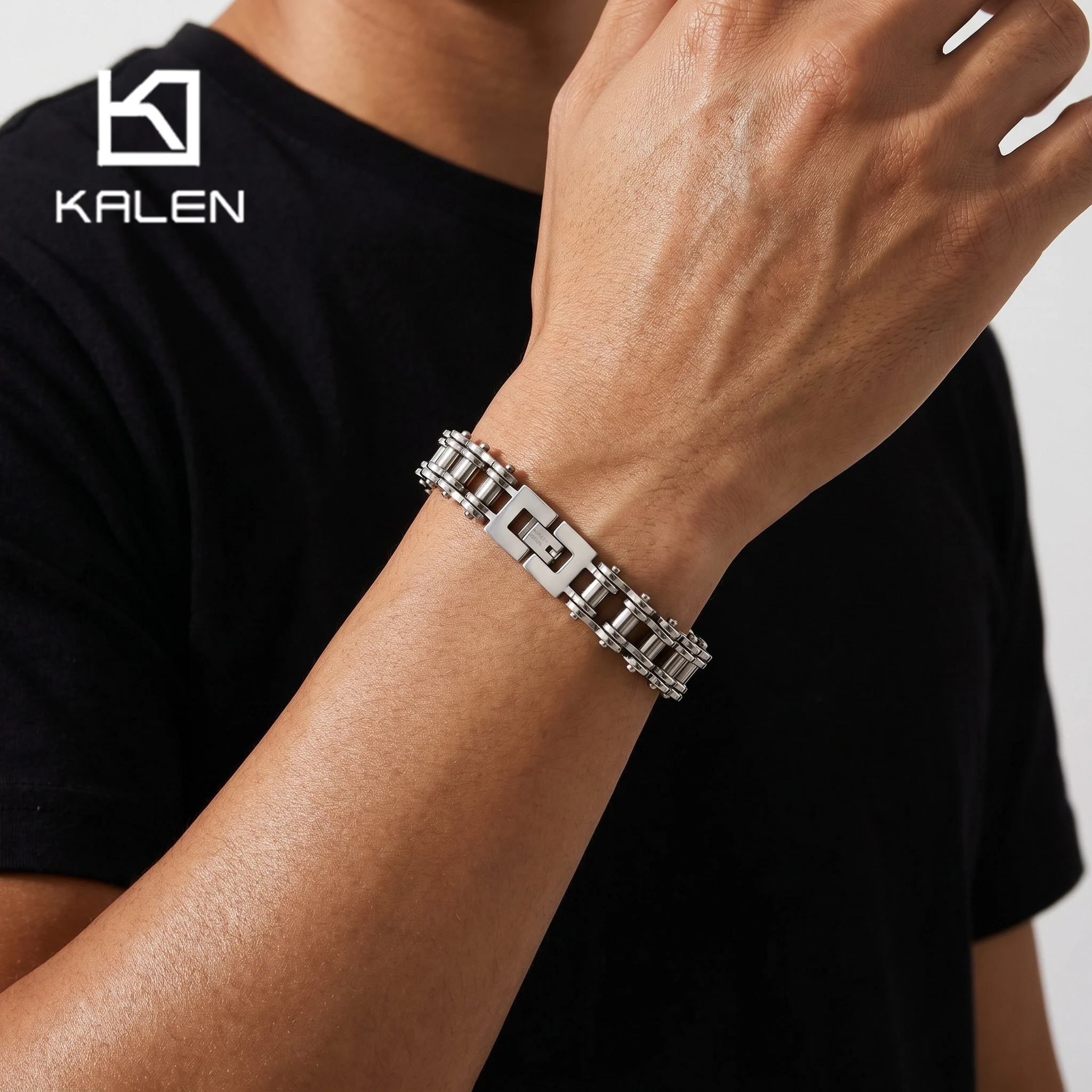 Kalen 13mm Stainless Steel Bicycle Chain Bracelet for Men Punk Rock Motorcycle Wrist Cuff Jewelry Polished Accessories Gift