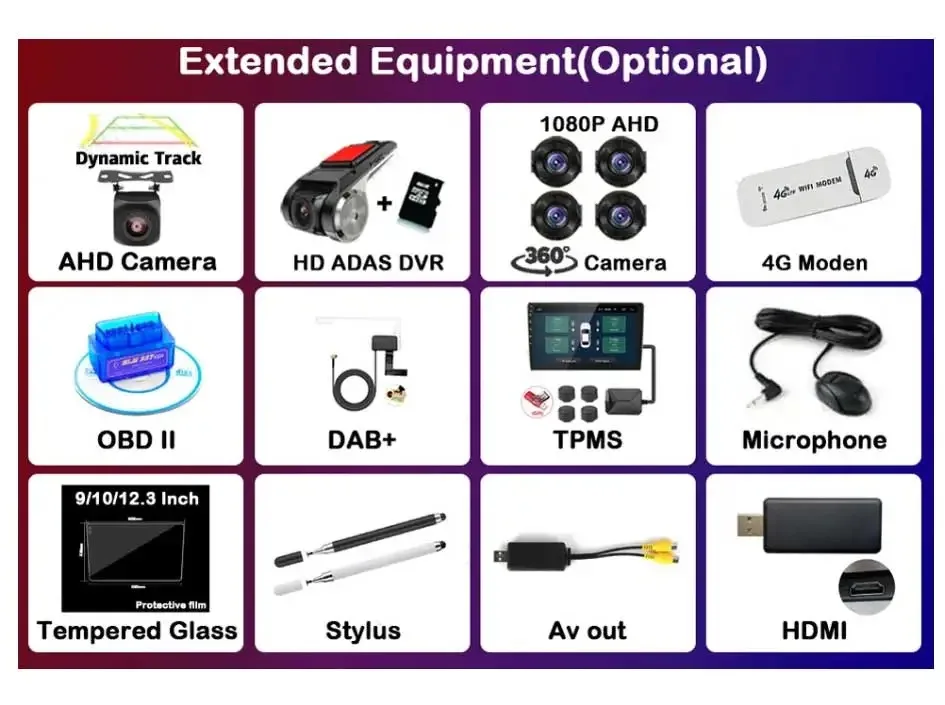 

For Android Screen Navigation Car Multimedia Player Accessories Optional DVR OBD HDMI AV OUT DAB TPMS Stylus 4G Moden 360 Camera
