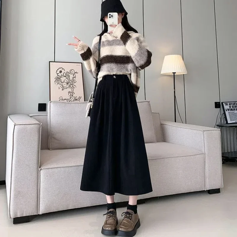 Vintage Harajuku Corduroy A Word Skirt Women Autumn Winter New 2024 New High Waist Midi Black Red Loose All-match Pleated Skirts