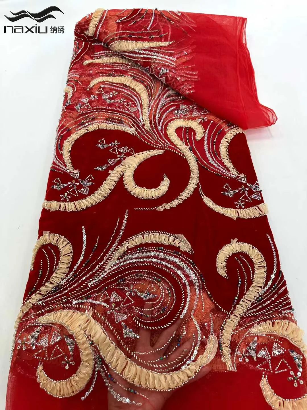 

Роскошная африканская бархатная кружевная ткань с блестками и бисером Madison, красная ткань для вышивки жениха, французское женское вечернее платье, шитье
