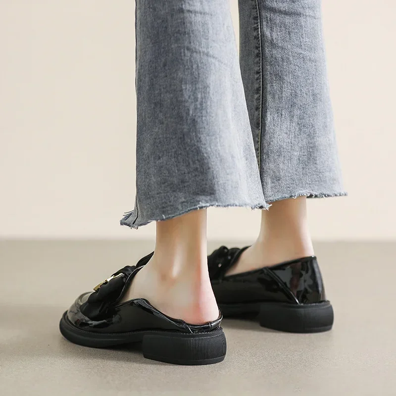 Single Shoe Female British Style Small Leather Shoes Spring and Autumn Retro Black Bow One Foot Soft Sole Single Shoe Female