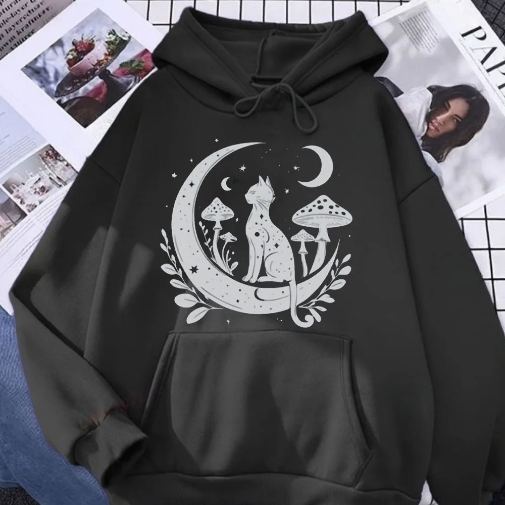Gato celestial moletom feminino crewneck moletom lua hoodie roupas de yoga pulôver espiritual witchy com capuz presentes para ela
