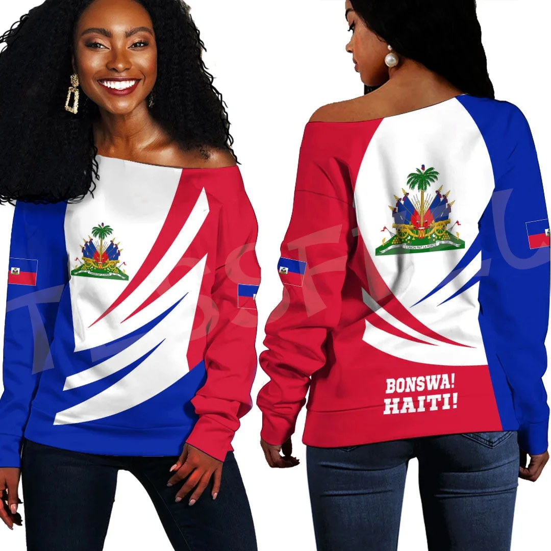 Custom Name Country Flag Caribbean Sea Haiti Retro Vintage Tattoo 3DPrint Women Casual Off Shoulder Sweatshirts Long Sleeves X6