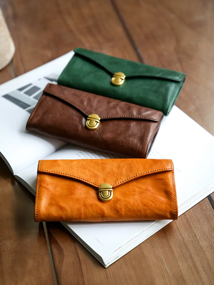 Genuine Leather Retro Women's Long Wallet Top Layer Vegetable Tanning Leather Large Capacity Lock Hand Horizontal  Wallet