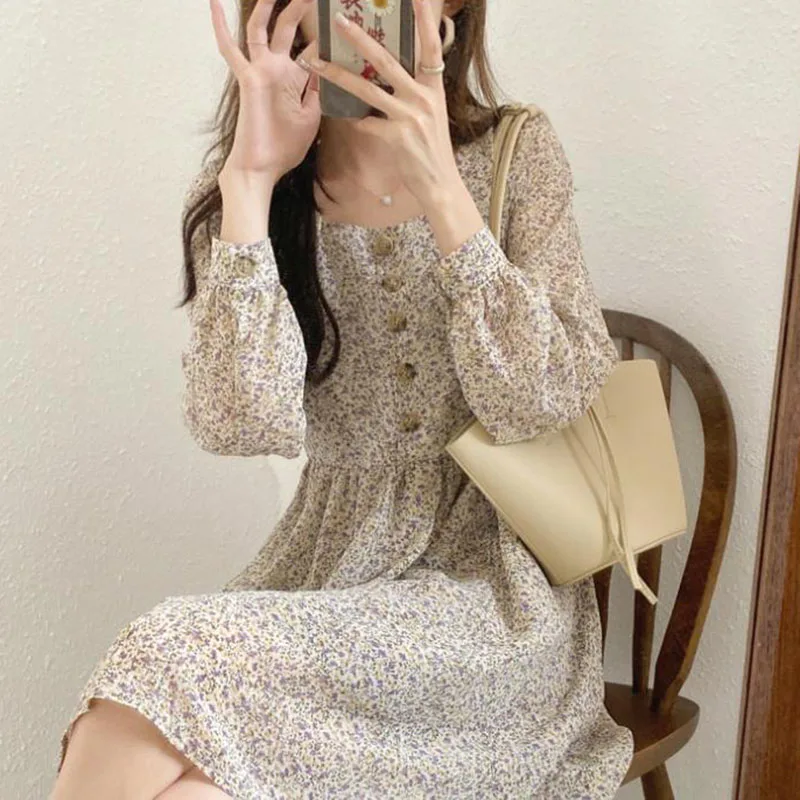 French Vintage Floral Dresses Women Sweet Romantic Young Mini Fashion Ins Temperament Long Sleeve All-match Chic Tender Girls